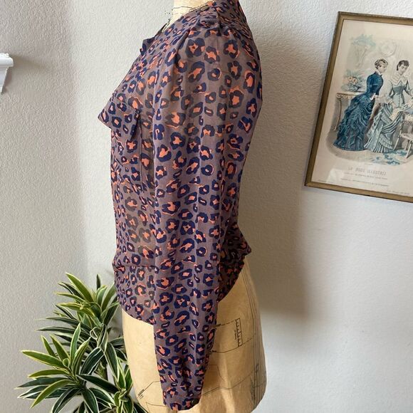 Blue Rain Francescas Orange Blue Brown Leopard Print Sheer Blouse sz S Career - Picture 3 of 9